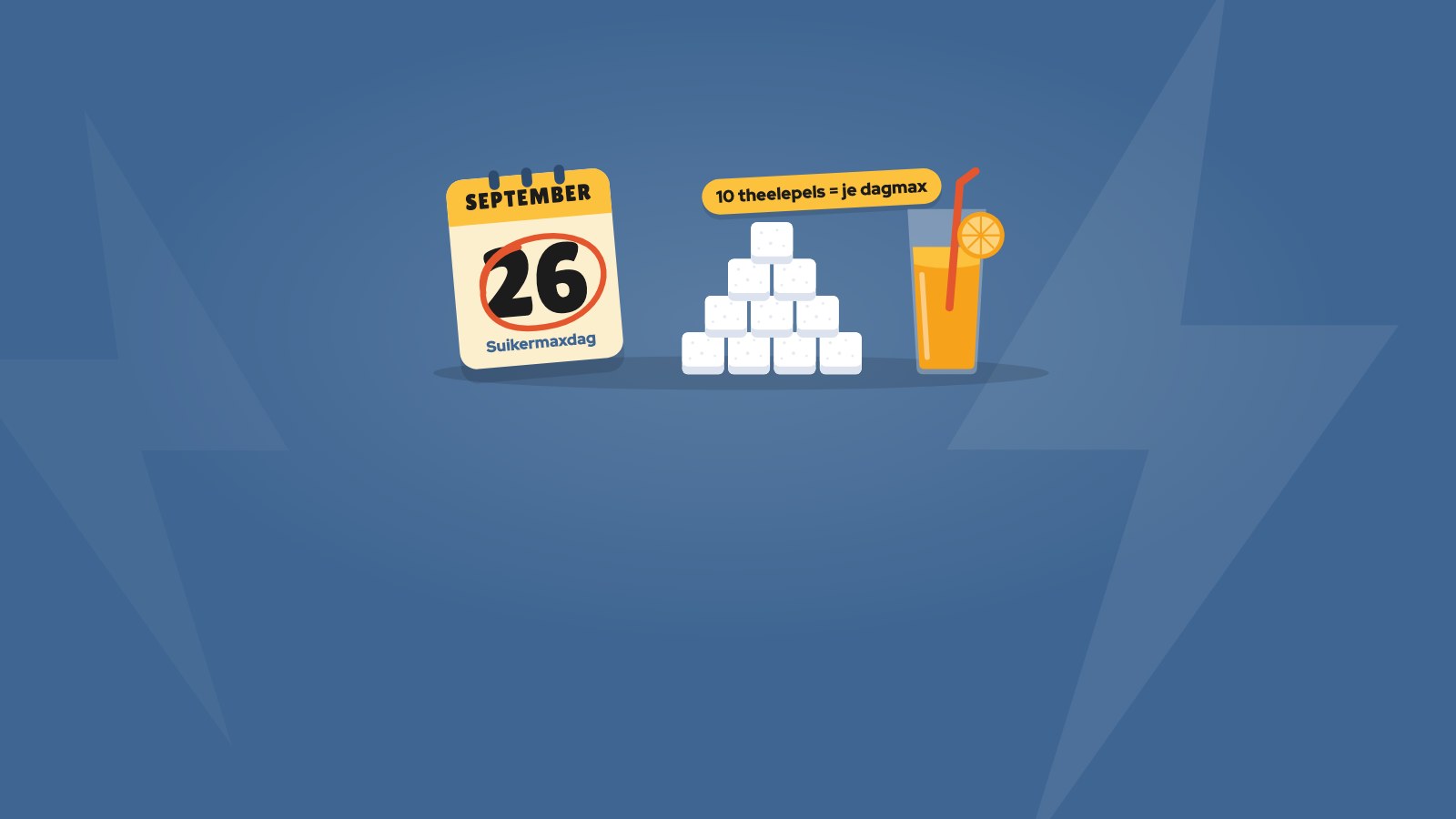 Kalender met 26 september omcirkeld, een piramide van tien suikerklontjes en een glas sinaasappelsap